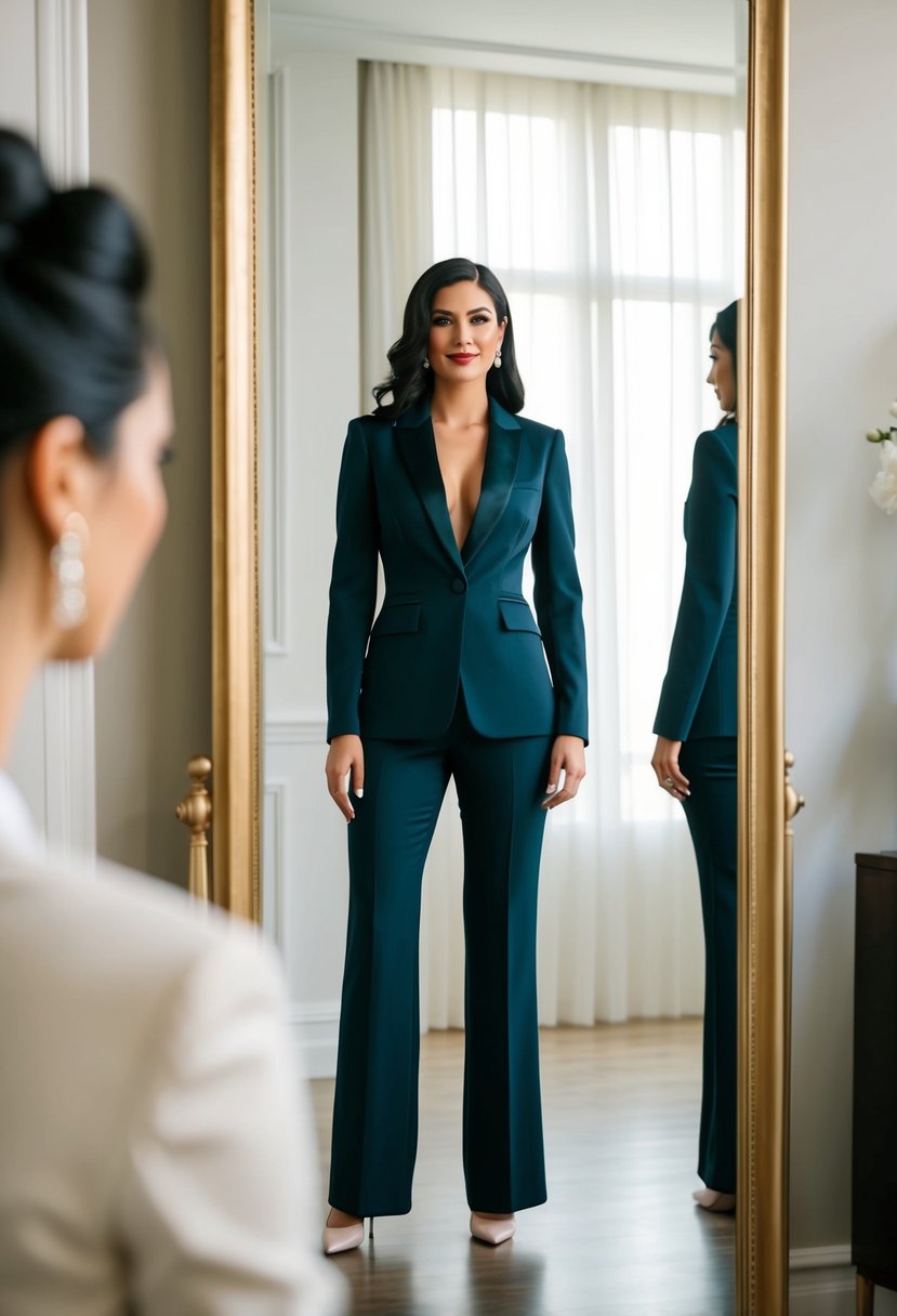 A woman in a sleek, sophisticated pantsuit stands in front of a full-length mirror, admiring her reflection. The outfit exudes elegance and confidence, perfect for a second wedding dress