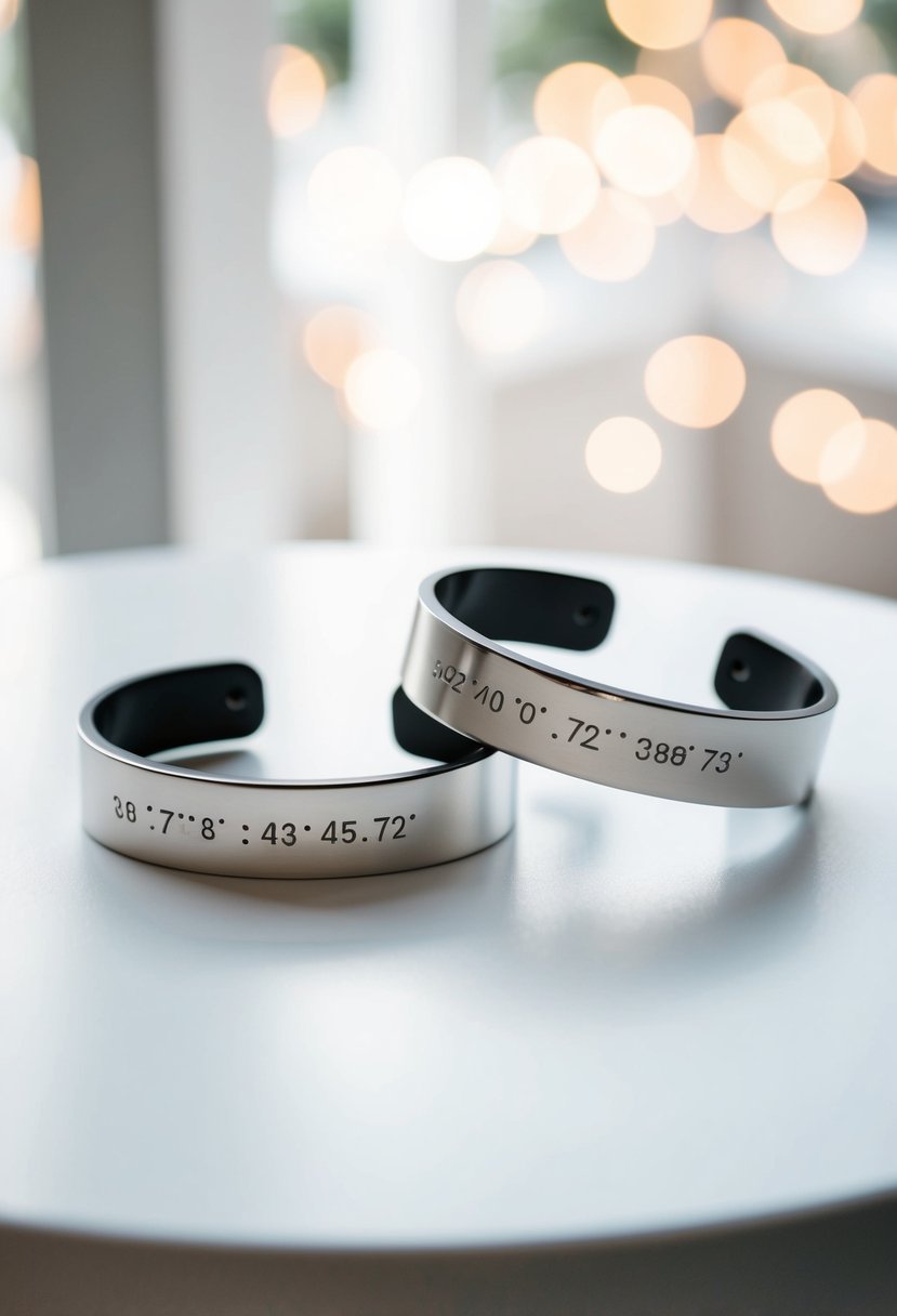 Two cuff bracelets with personalized coordinates engraved, displayed on a clean, white surface with soft lighting