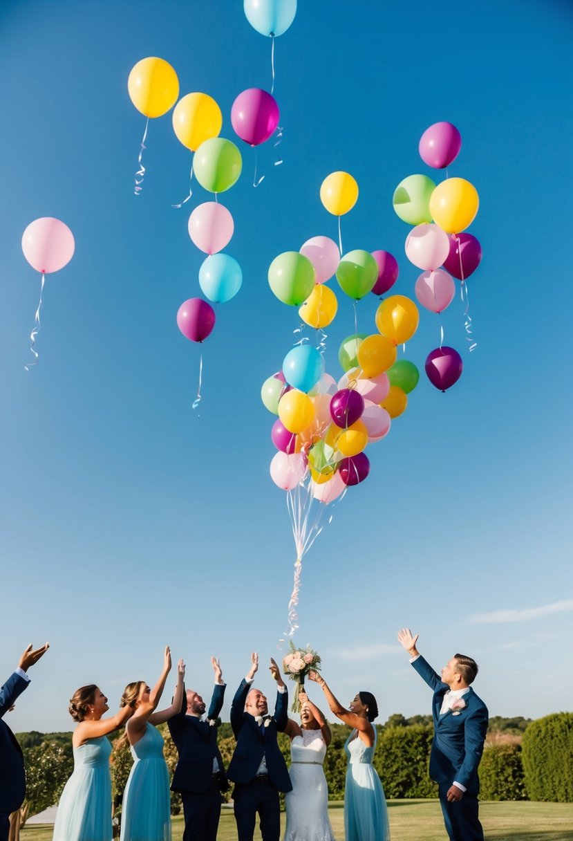 A group of guests releasing colorful balloons into the sky to celebrate the newlyweds' send-off