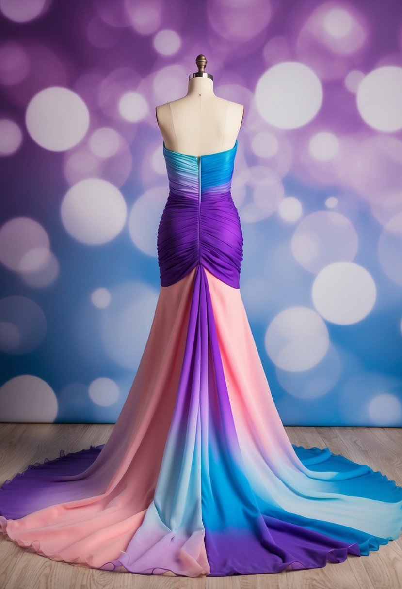 A flowing ombre gown in shades of pink, purple, and blue, with delicate ruching and a sweetheart neckline, cascading down to the floor in a graceful train