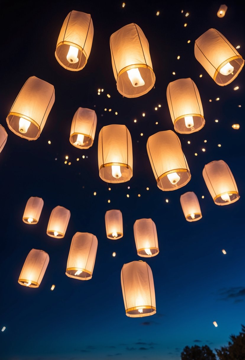 A group of illuminated sky lanterns rise into the night sky, creating a beautiful display as they float away from the wedding venue