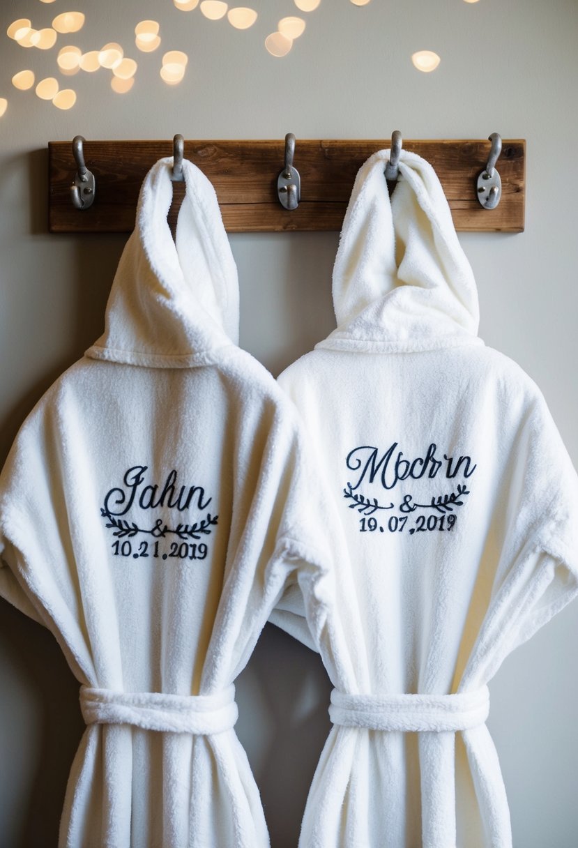 Two personalized cotton bathrobes hanging on a rustic wooden hook, with delicate embroidery of the couple's initials and wedding date