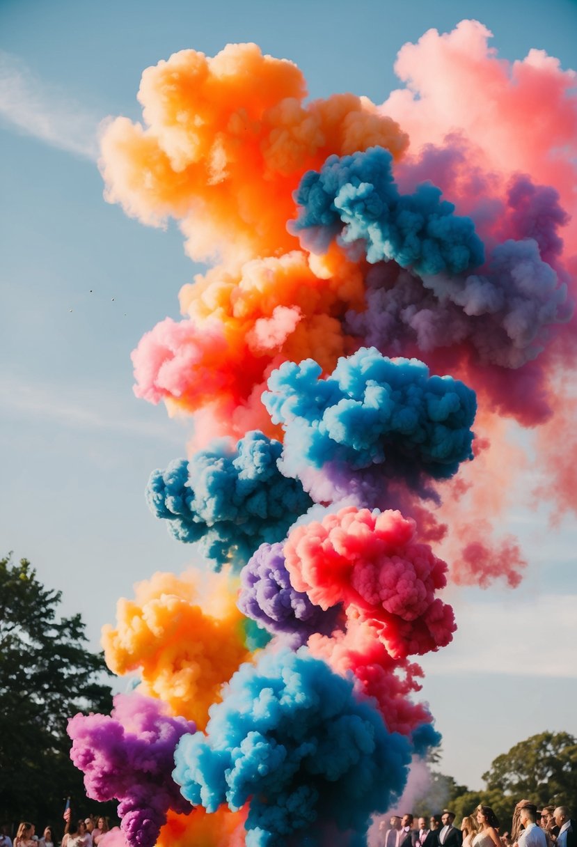 Colorful smoke bombs billow in the air, creating a vibrant and enchanting display for a wedding send-off