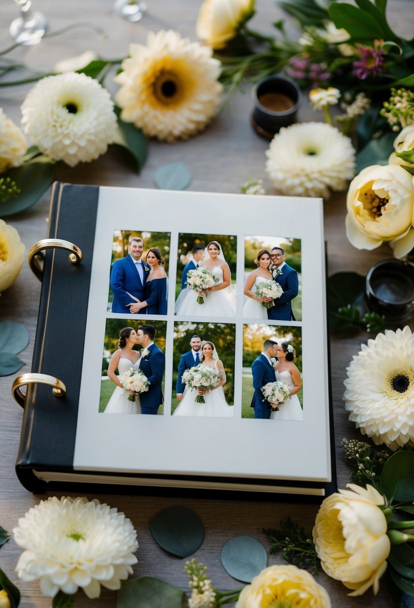 A wedding photo album with a mix of posed and candid shots, surrounded by flowers and decorative elements