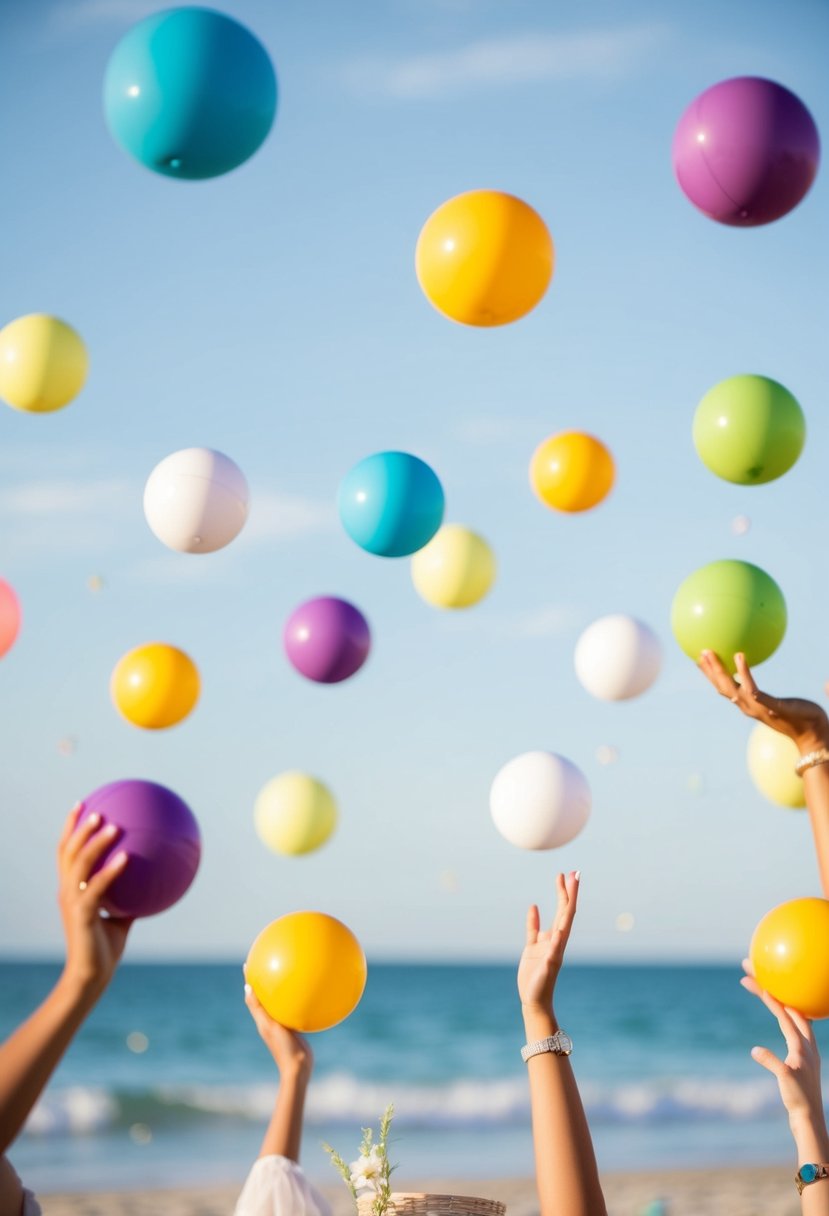 A group of colorful mini beach balls being tossed in the air at a beach wedding send-off