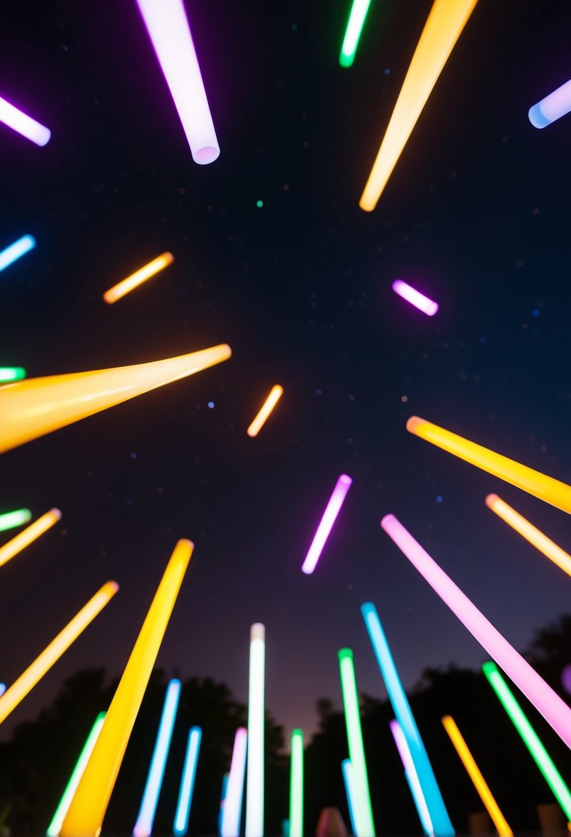 A dark sky filled with colorful glow sticks floating upwards, creating a mesmerizing display of light and movement