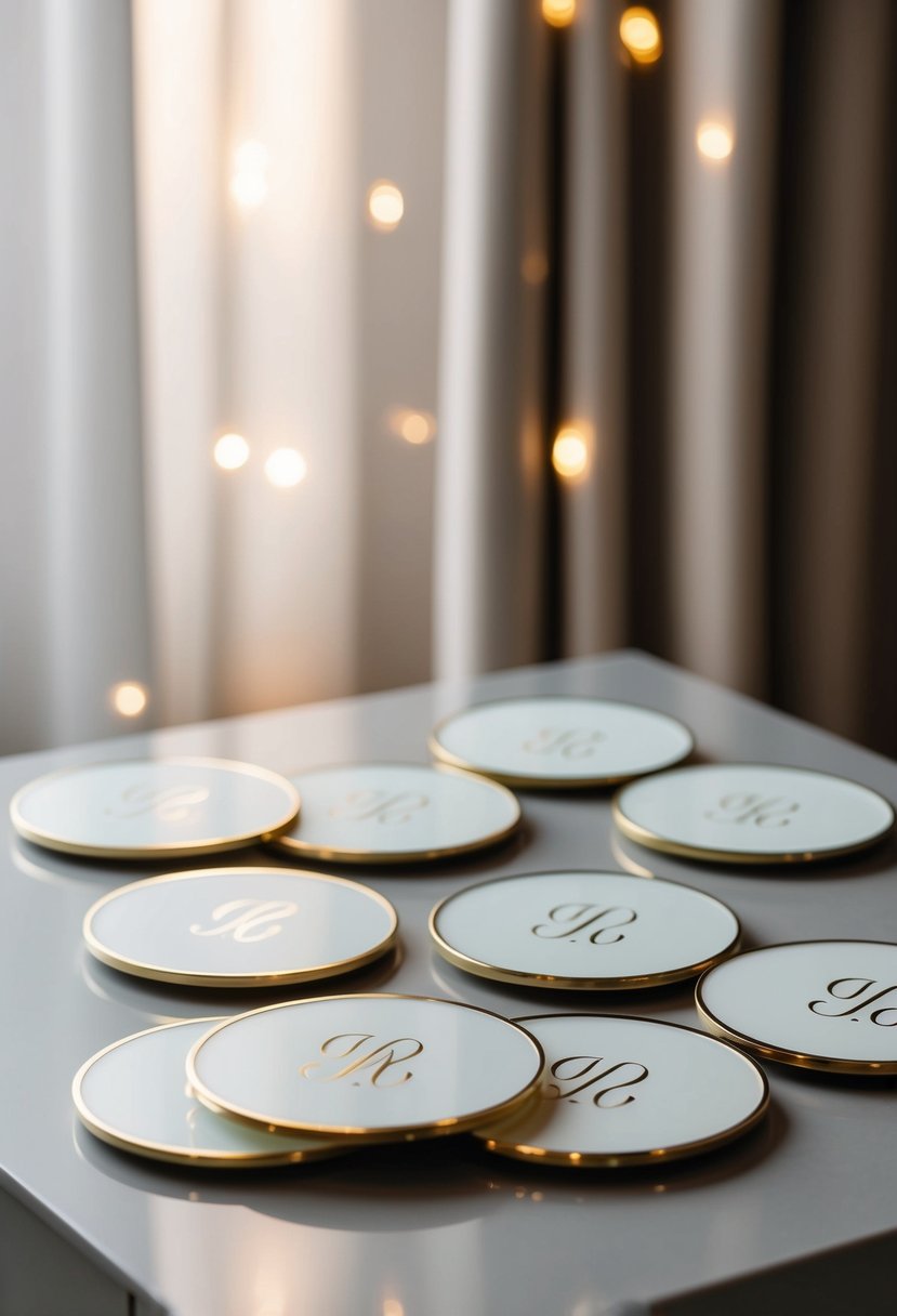 A set of custom monogram coasters arranged on a sleek, modern tabletop, with soft lighting casting a warm glow over the elegant design