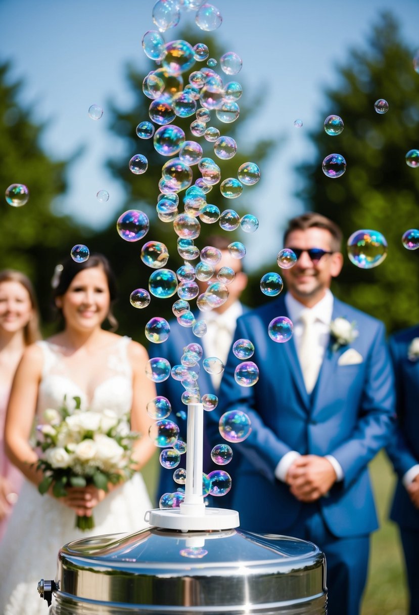 A soap bubble machine releasing a cascade of shimmering bubbles into the air at a wedding send-off