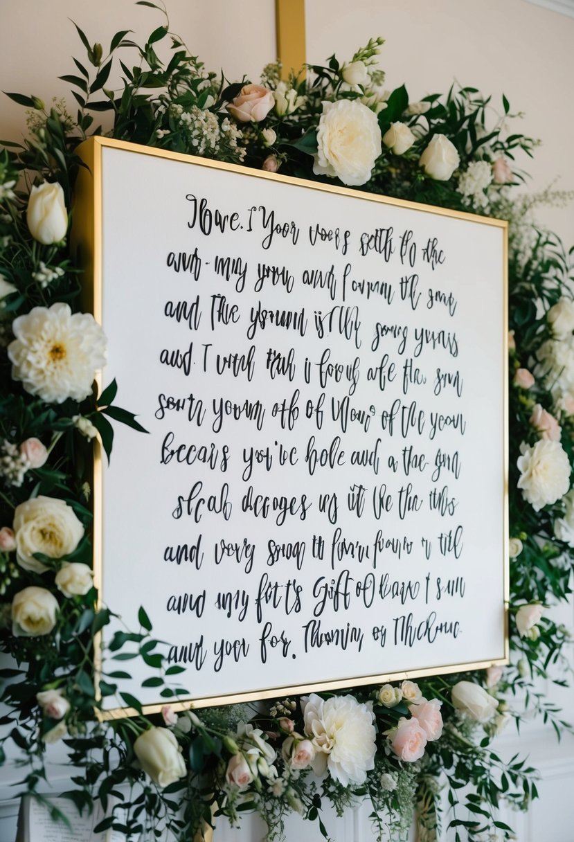 A canvas adorned with handwritten song lyrics, surrounded by delicate floral arrangements and framed in elegant gold, makes for a perfect personalized wedding gift