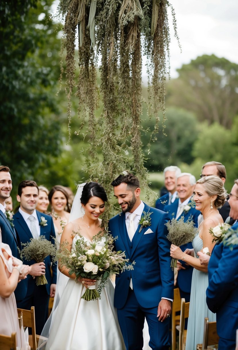 Dried herbs cascading down over a newlywed couple, surrounded by friends and family, creating a fragrant and picturesque send off at a wedding