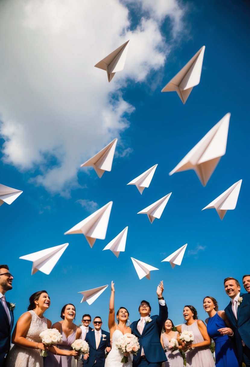 A group of paper airplanes soaring through the air, surrounded by joyful guests at a wedding send-off