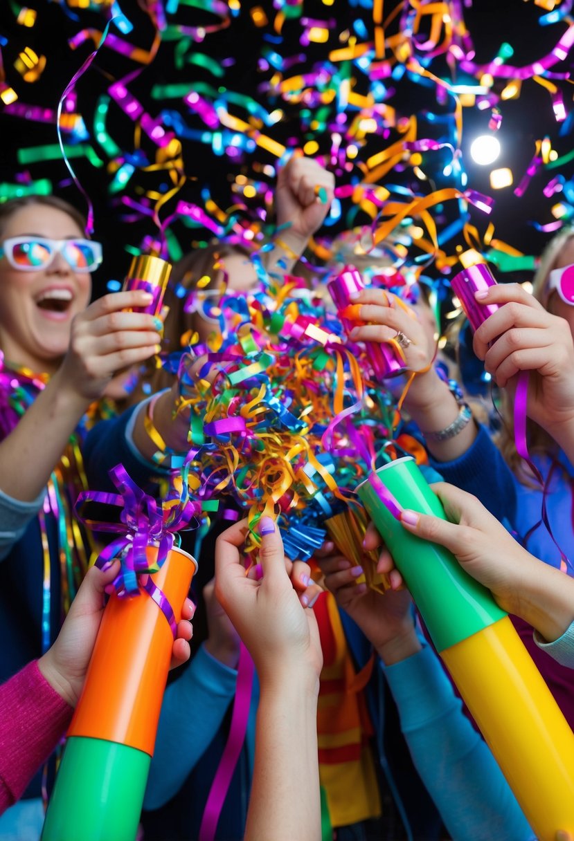 Colorful confetti and streamers burst from festive noise makers, filling the air with vibrant energy and joy