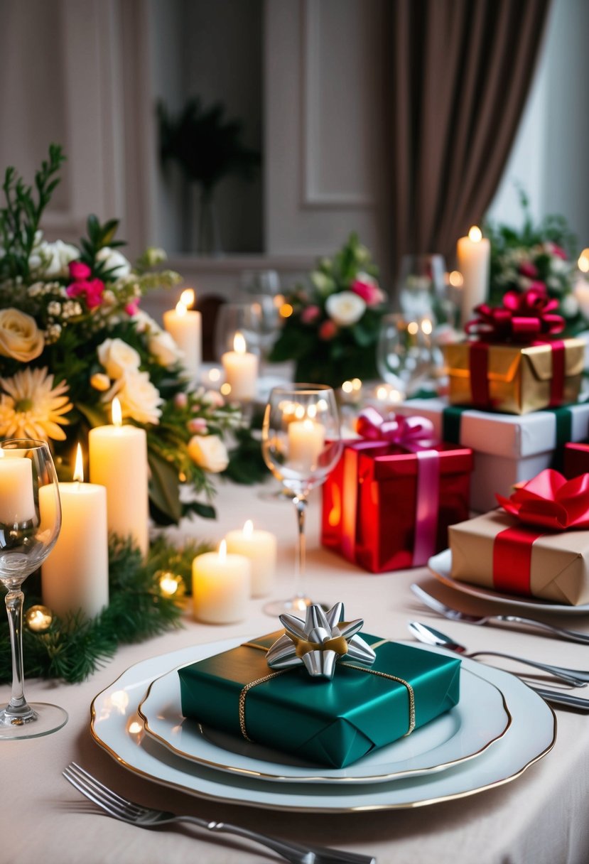 A table adorned with elegant dinnerware, surrounded by floral centerpieces and twinkling candles. Wrapped gifts in various sizes and shapes are piled on a side table