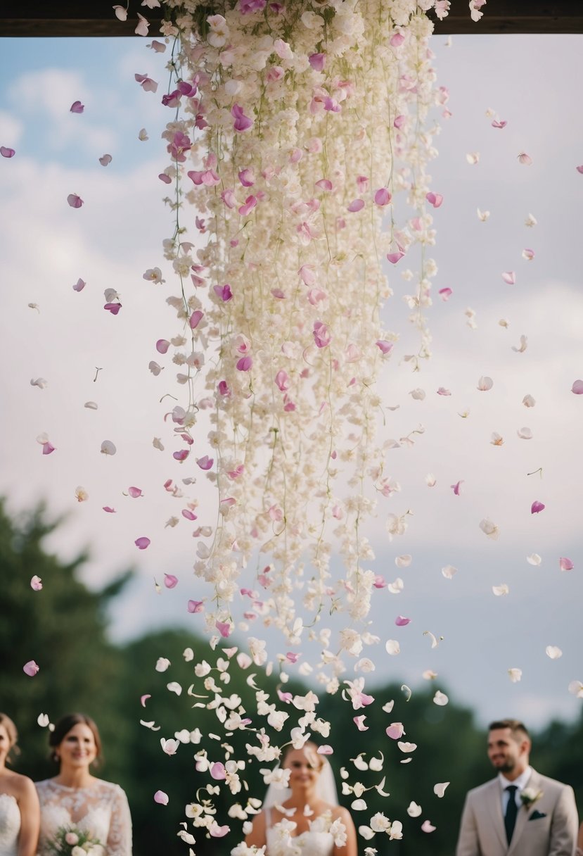 Colorful petals falling from above, creating a shower of delicate blooms for a romantic wedding send-off