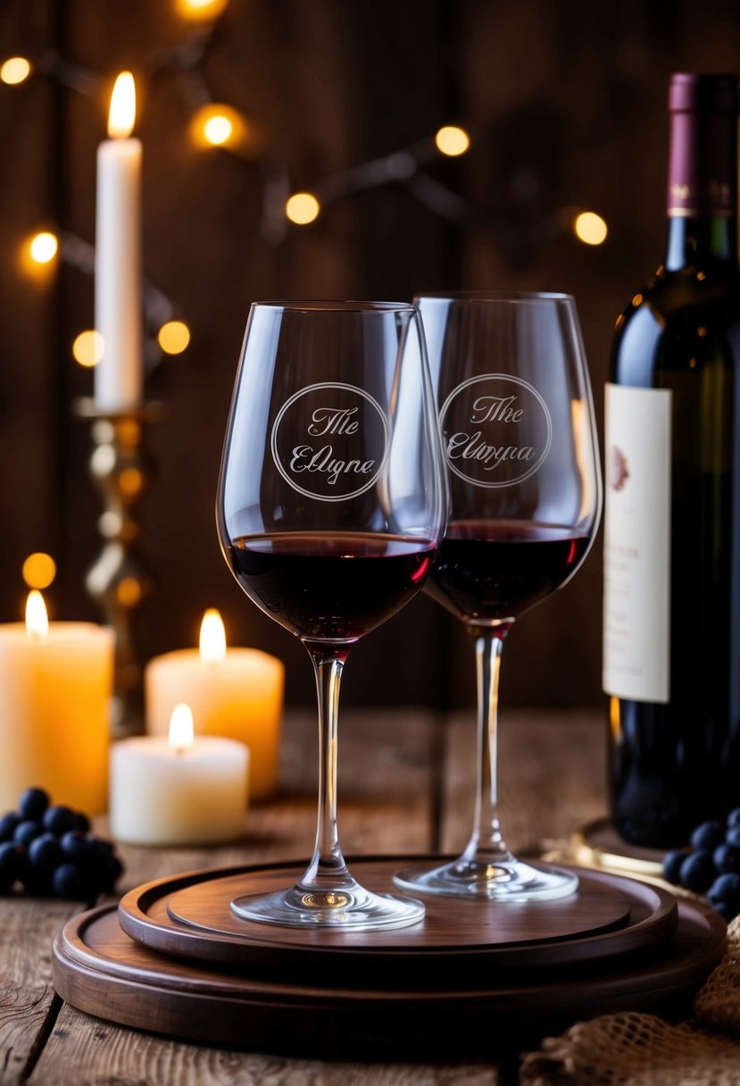 Two elegant wine glasses with customized engravings sit on a rustic wooden table, surrounded by soft candlelight and a bottle of wine