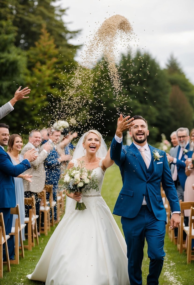 Birdseed flung in celebratory arcs, showering newlyweds as they depart