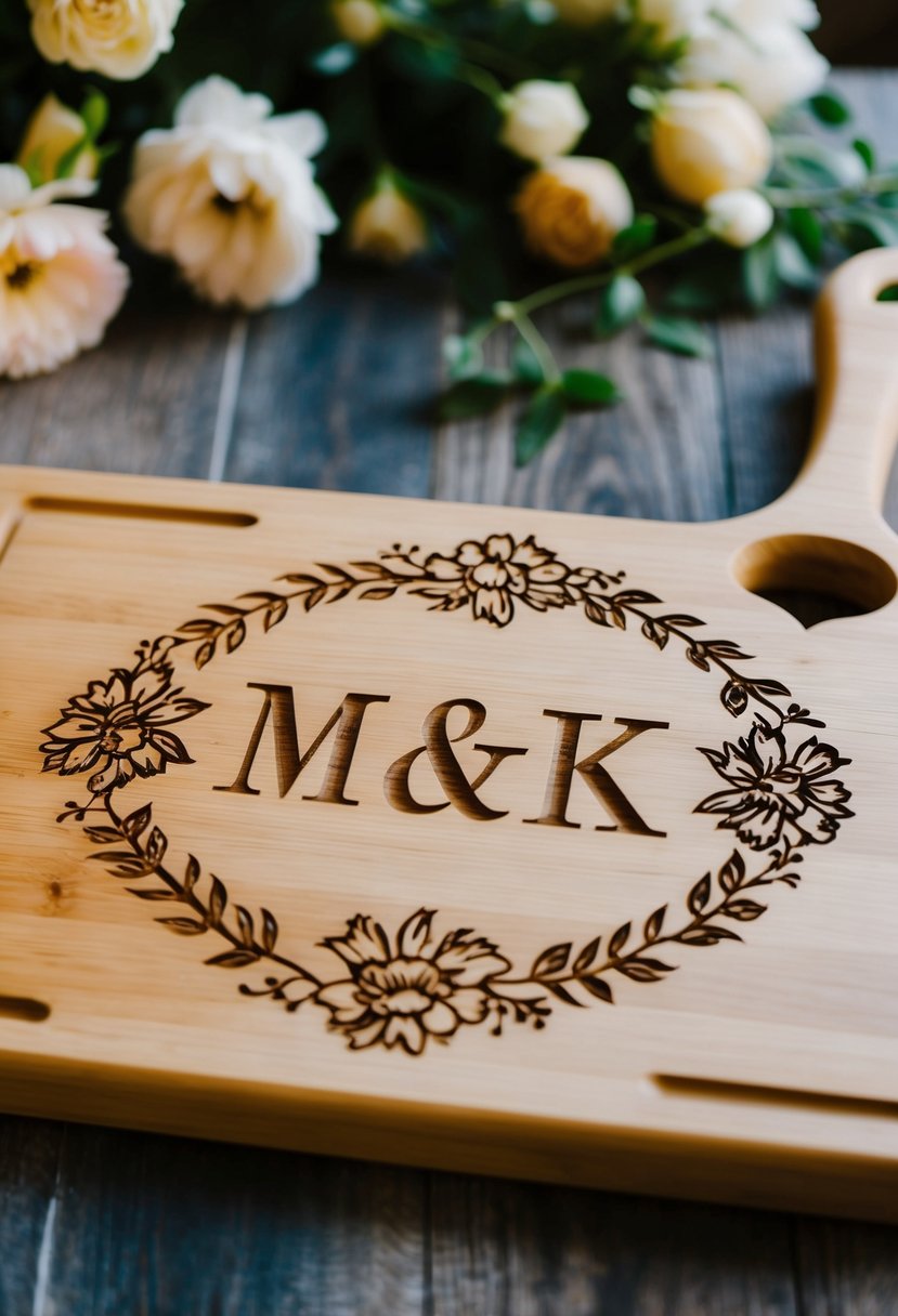 A couple's initials carved into a wooden cutting board, surrounded by elegant floral and vine designs, with a heart-shaped handle