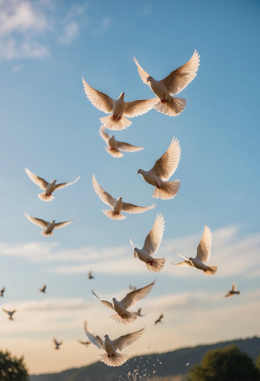 A group of doves is released into the sky, soaring gracefully upward in a beautiful display of freedom and peace