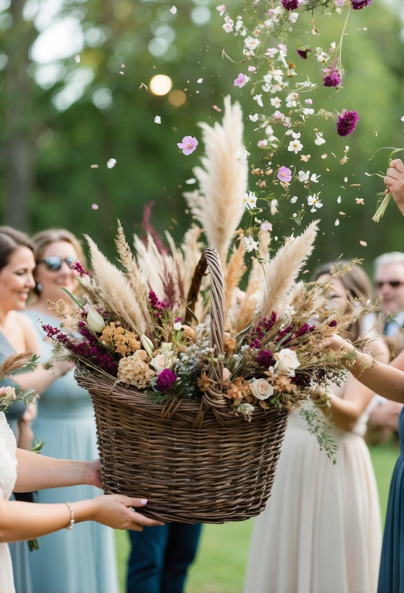 A rustic basket overflowing with dried florals, ready to be tossed in celebration at a wedding send-off