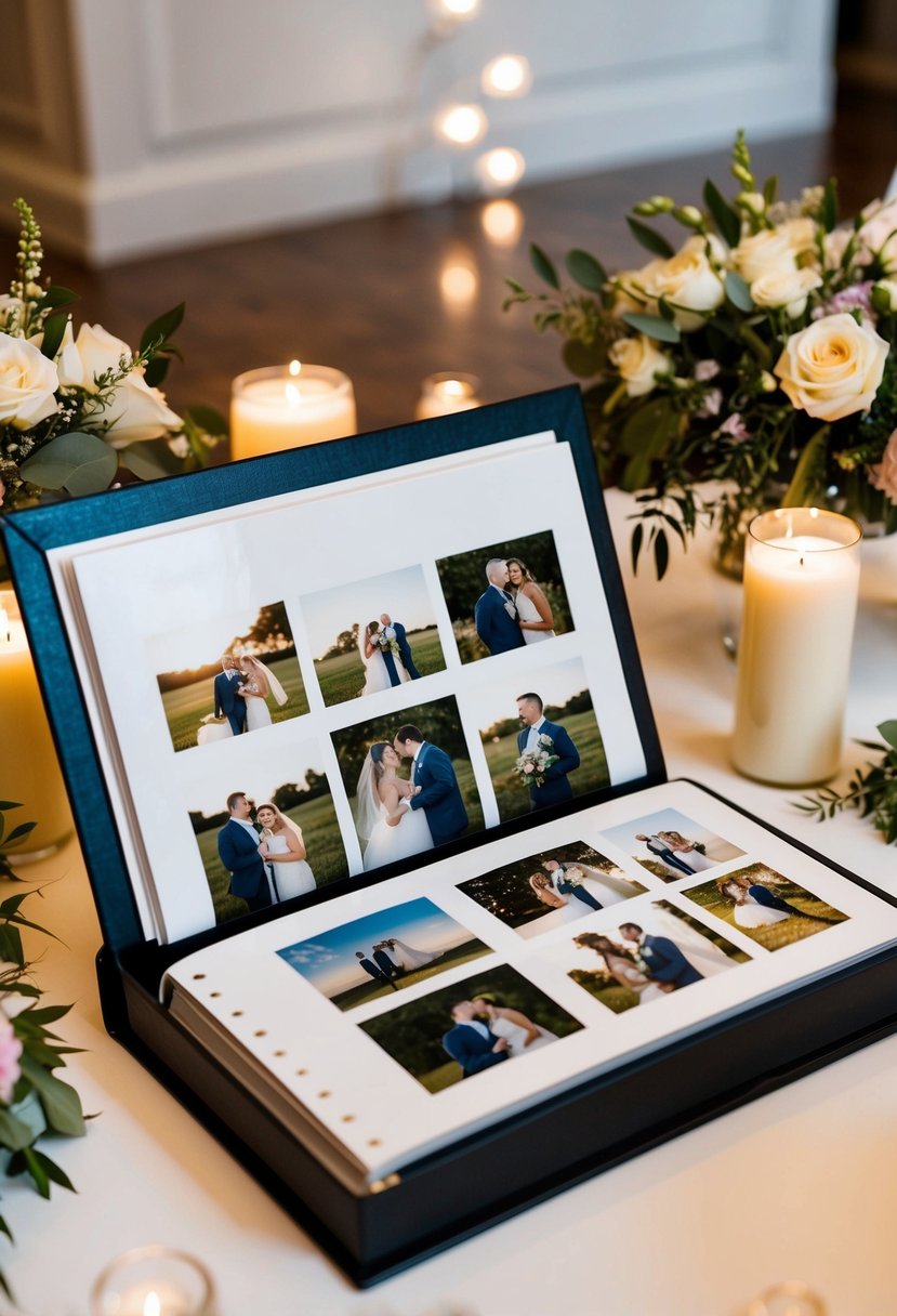 A custom photo album sits open on a table, filled with images of a wedding day. Surrounding it are flowers, candles, and other wedding decor