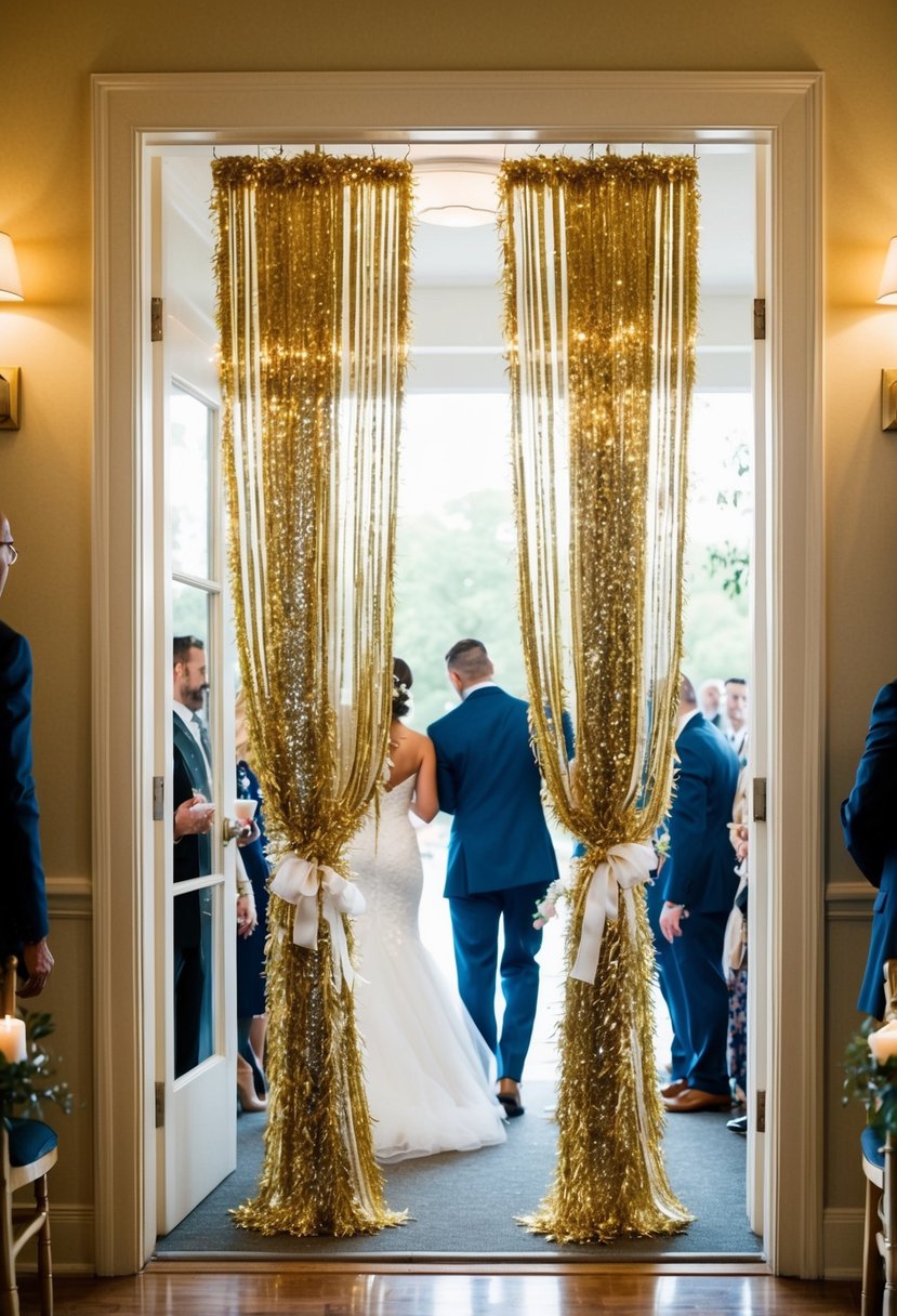 A tinsel curtain hangs in front of an open doorway, catching the light and shimmering as guests pass through, creating a festive and celebratory send-off at a wedding