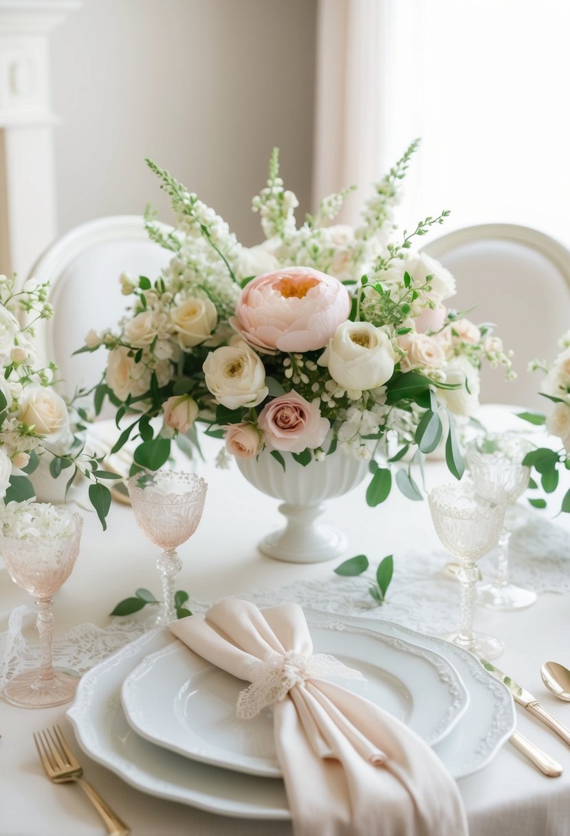 A table set with elegant floral arrangements, surrounded by delicate lace and ribbon accents. A soft, romantic color palette creates a serene and inviting atmosphere