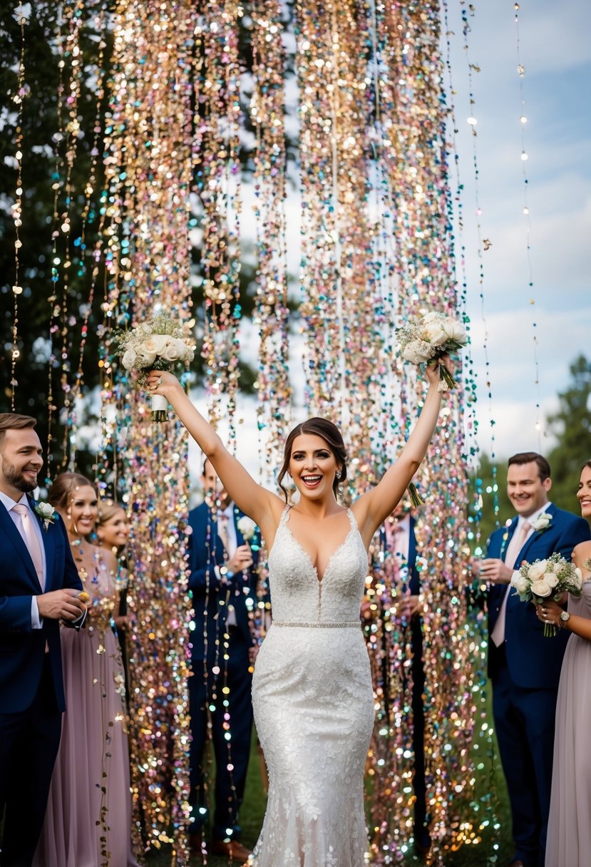 A sparkling sequin throw cascades in a shower of shimmering colors, creating a dazzling and festive atmosphere for a wedding send-off