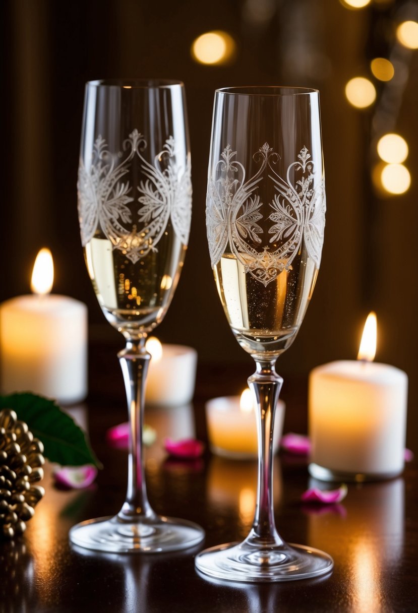 Two elegant champagne flutes, delicately etched with intricate designs, sit atop a polished wooden table, surrounded by soft candlelight and rose petals