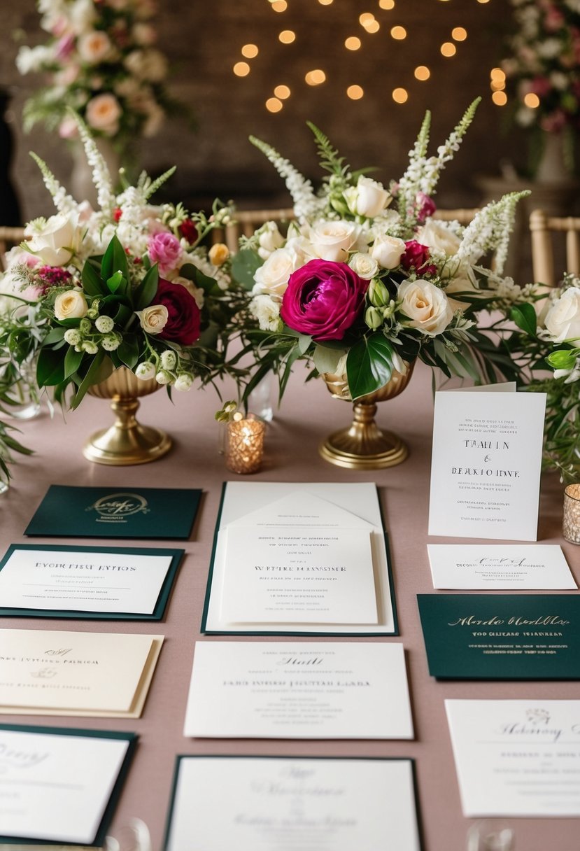 A table with various wedding invitation booklets, surrounded by floral arrangements and wedding decor