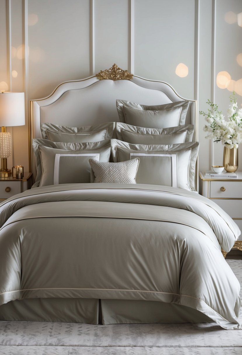 A lavish bedding set arranged on a pristine, king-sized bed, adorned with plush pillows, a duvet, and matching sheets in a luxurious bedroom setting