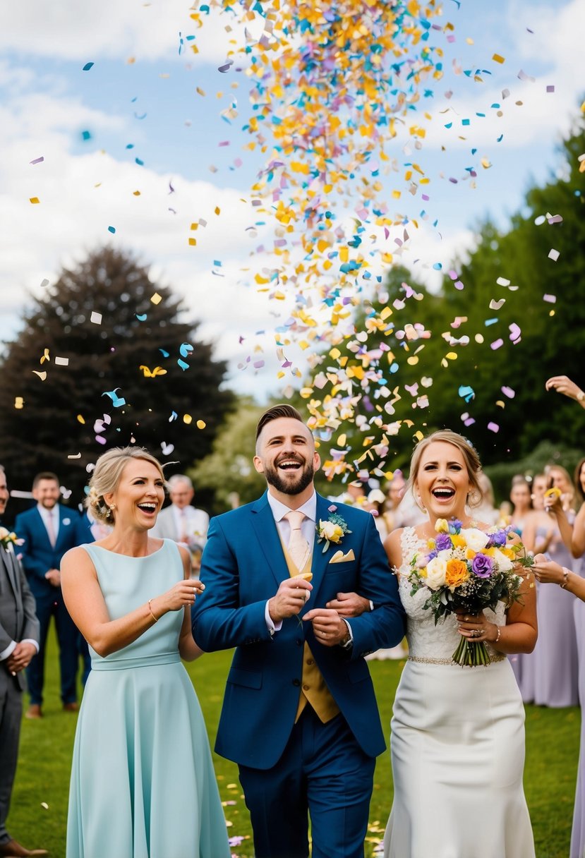 Colorful confetti pops in the air, showering the newlyweds in a joyful send-off at the wedding