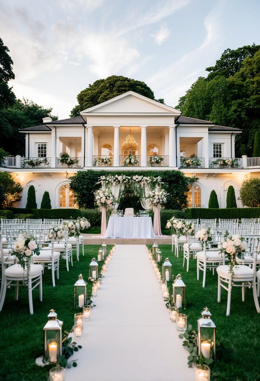 A picturesque venue with elegant architecture and lush gardens, set up for a wedding ceremony with floral decorations and romantic lighting