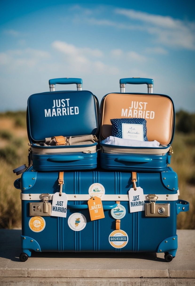 A couple's luggage filled with travel essentials, adorned with "Just Married" tags and destination stickers