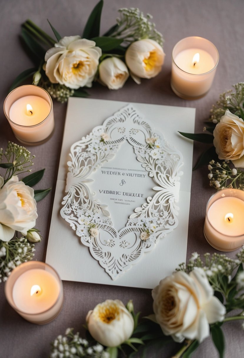 A pair of elegant die-cut wedding invitations surrounded by delicate floral arrangements and romantic candlelight