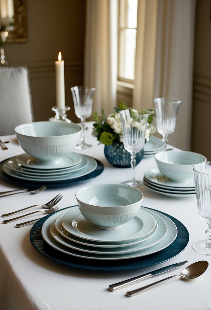 A beautifully arranged dinnerware set from Crate & Barrel, with elegant plates, bowls, and glasses, displayed on a table with a decorative centerpiece