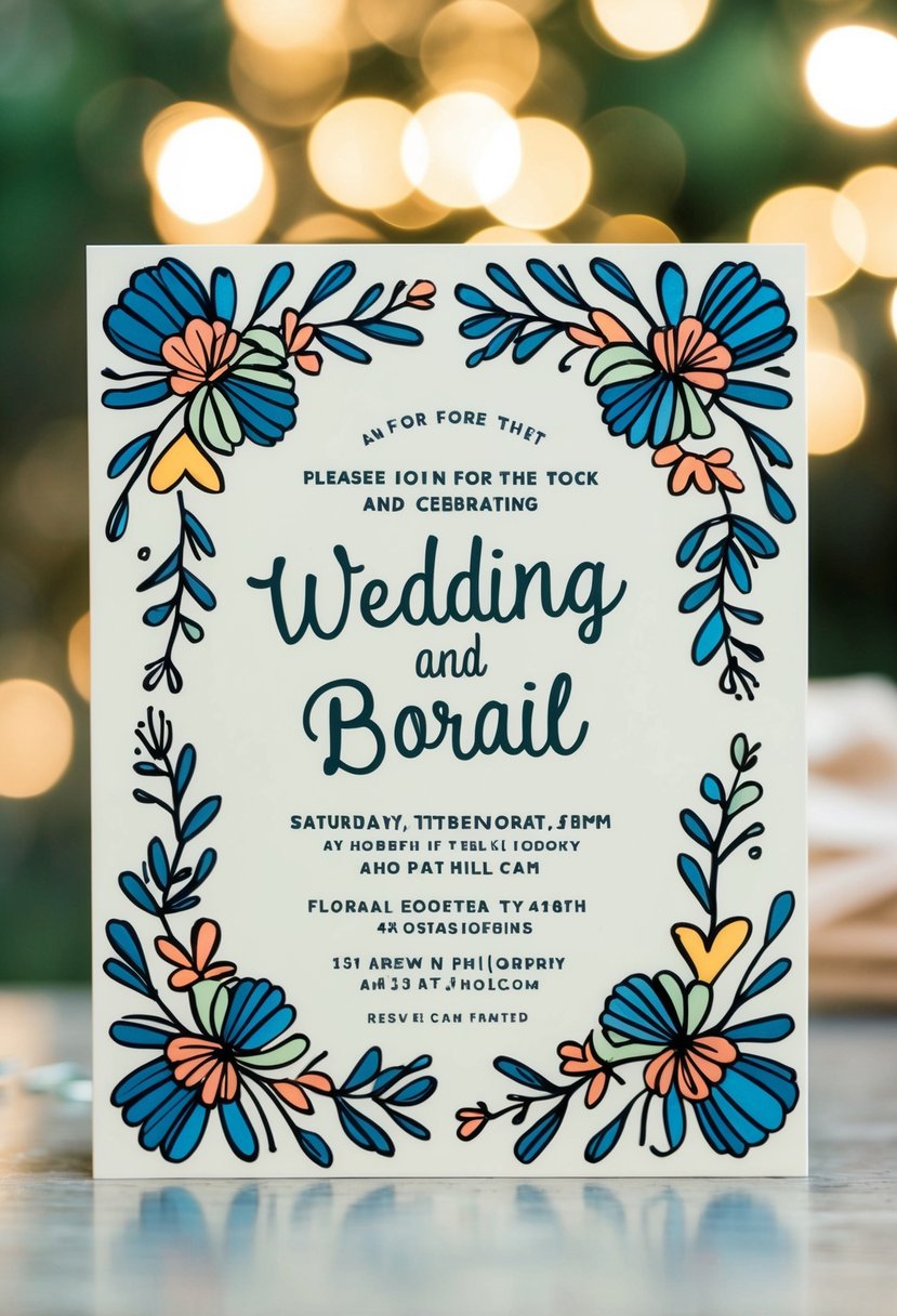 A whimsical doodle-style wedding invitation with floral motifs and playful typography