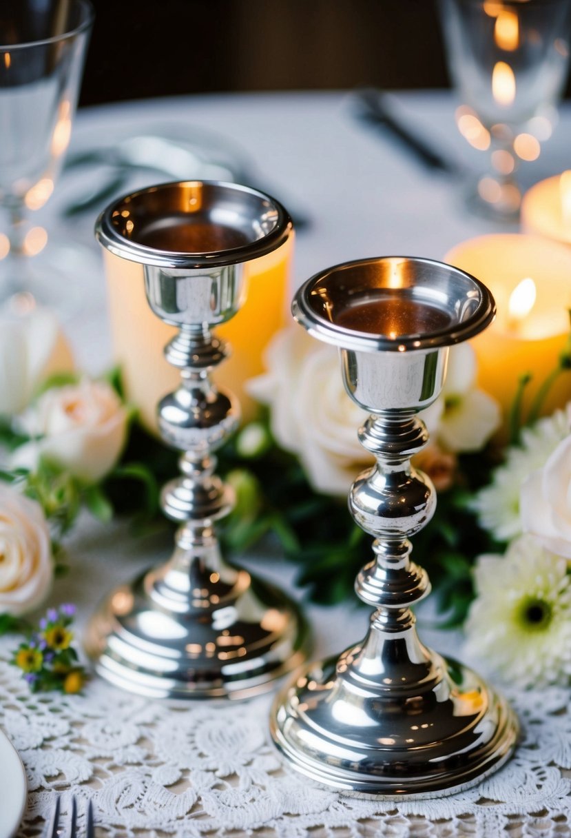 Two sterling silver candlestick holders on a white lace tablecloth, surrounded by delicate flowers and flickering candlelight