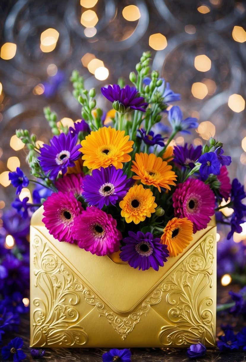 A bouquet of vibrant flowers spills out from an ornate, gold-trimmed envelope, surrounded by swirling patterns and intricate details