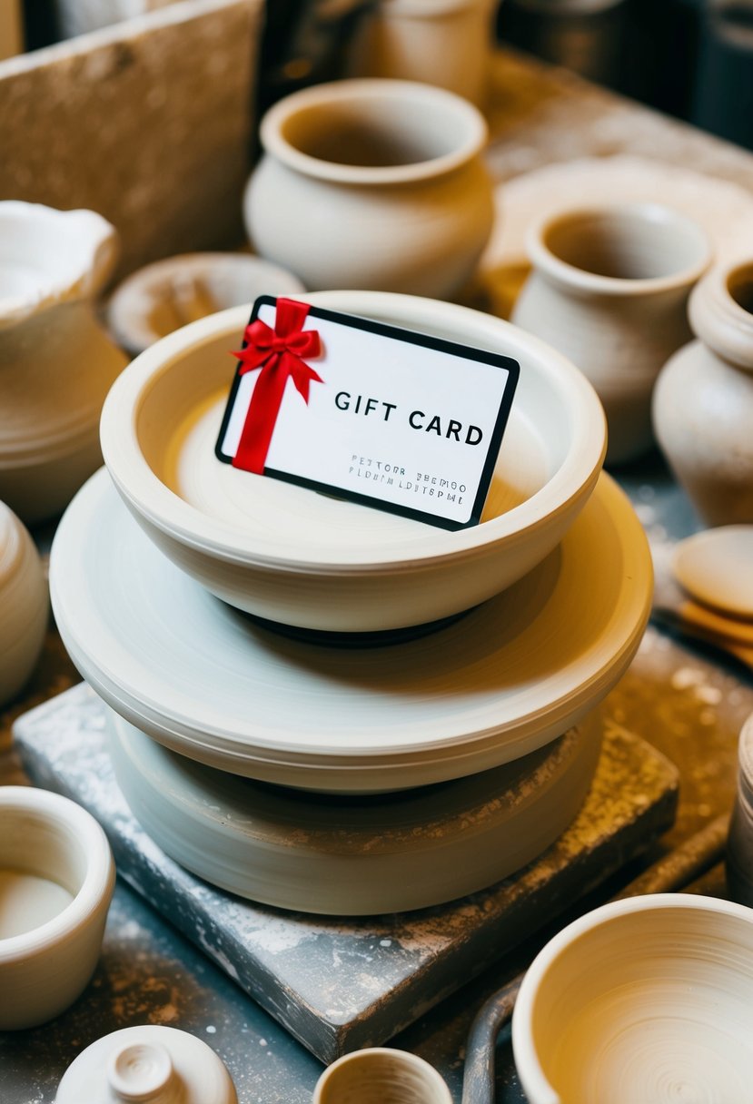 A pottery wheel with a gift card on top, surrounded by various clay tools and finished pottery pieces