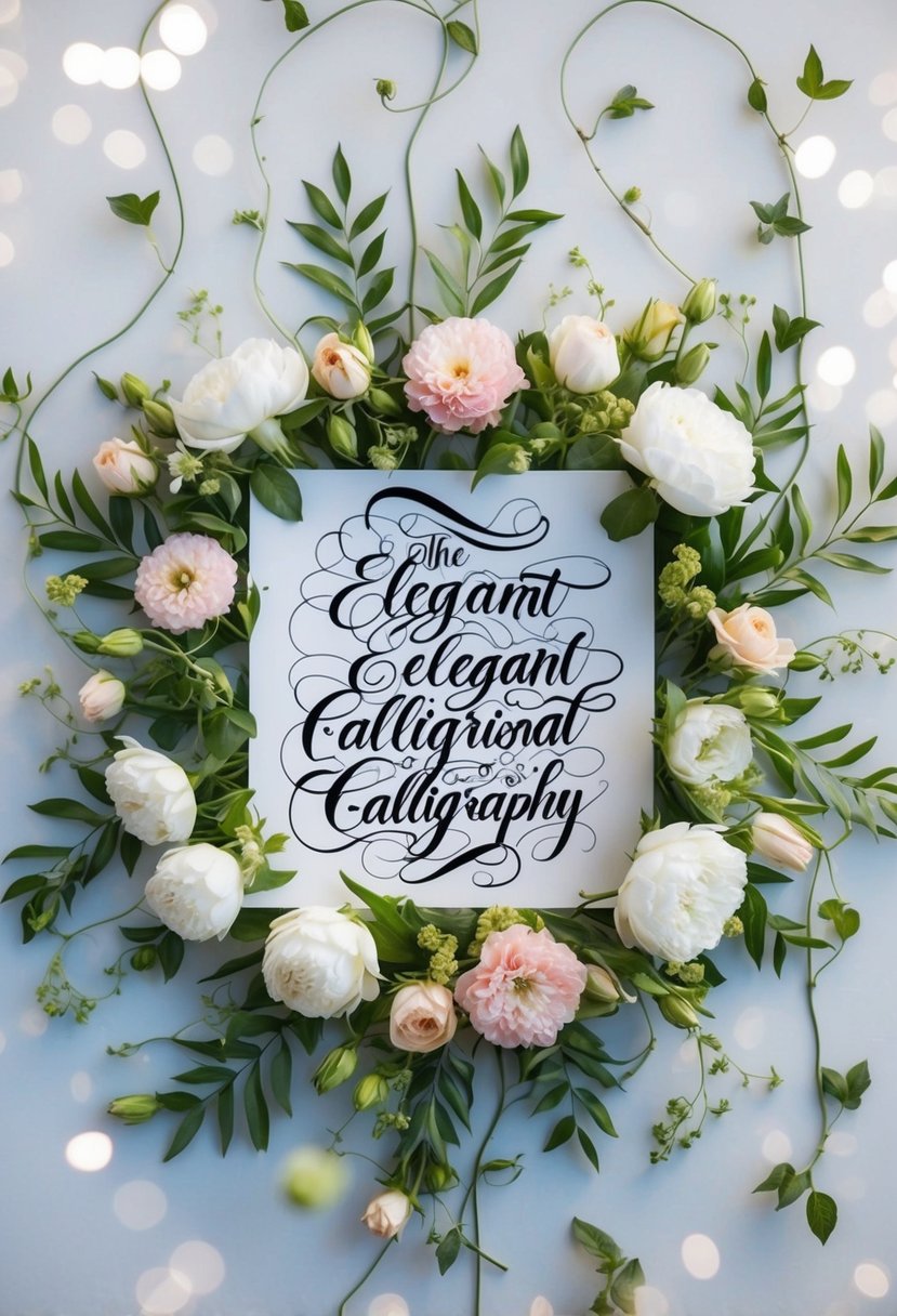 A bouquet of blooming flowers arranged around elegant calligraphy, with delicate vines and leaves weaving through the design