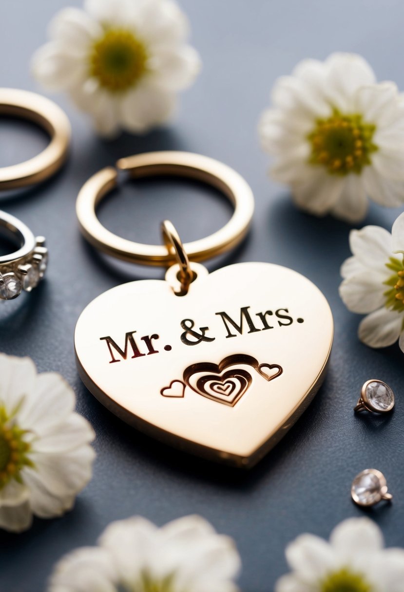 A heart-shaped keychain with "Mr. & Mrs." engraved, surrounded by delicate flowers and wedding rings