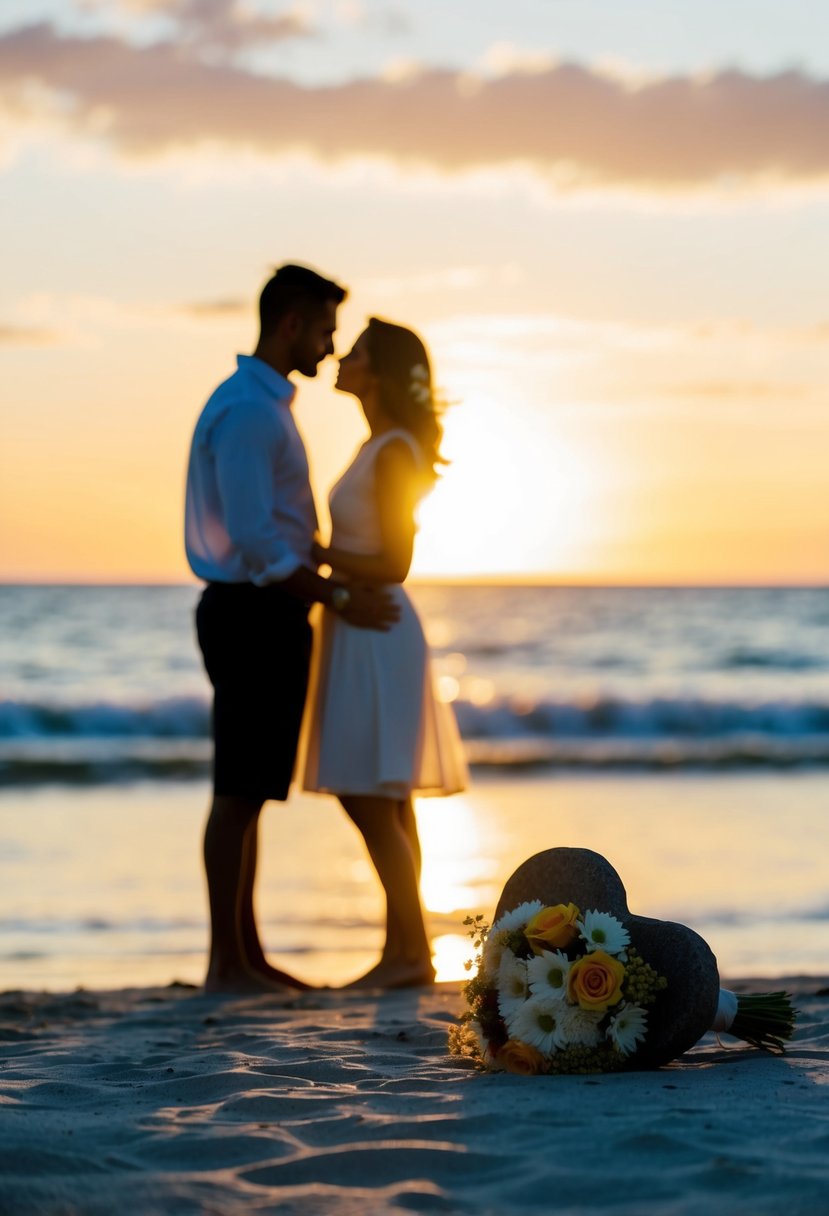 A couple's silhouette against a sunset beach, with a heart-shaped rock and a bouquet of flowers in the foreground