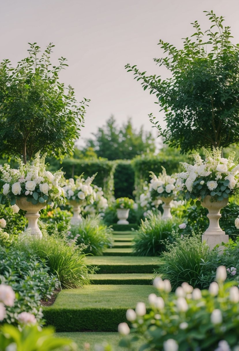 A serene garden with lush greenery and delicate floral arrangements, set against a neutral background, evoking a sense of elegance and natural beauty