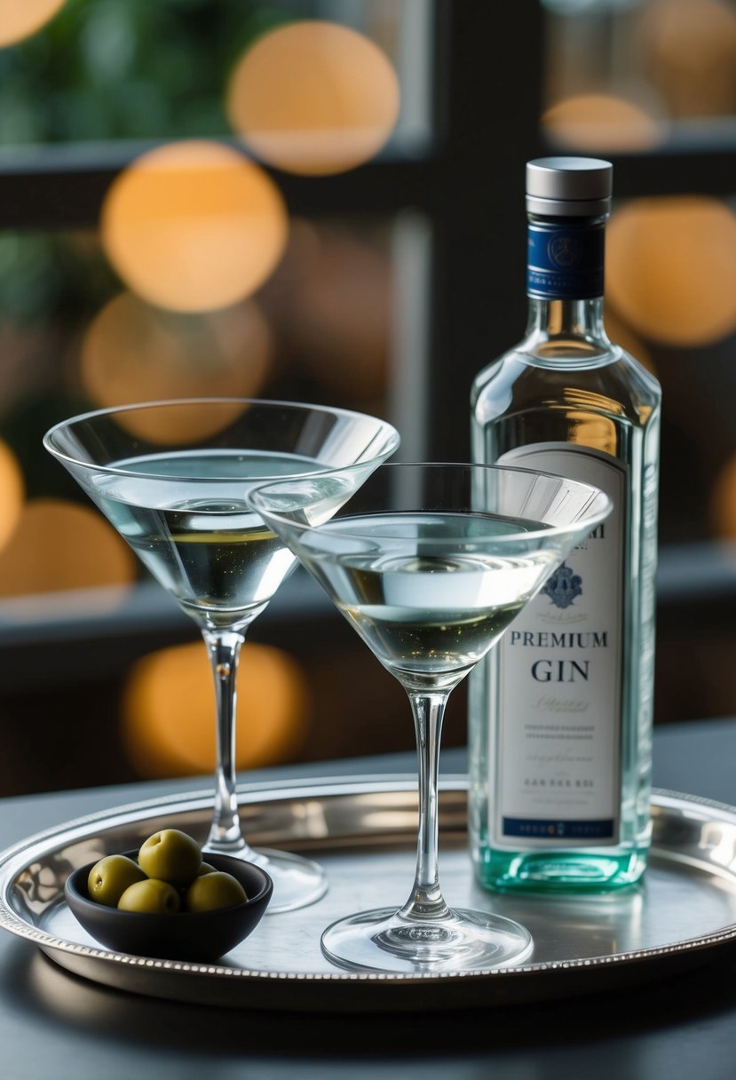 Two elegant martini glasses set on a silver tray with a bottle of premium gin and a bowl of fresh olives