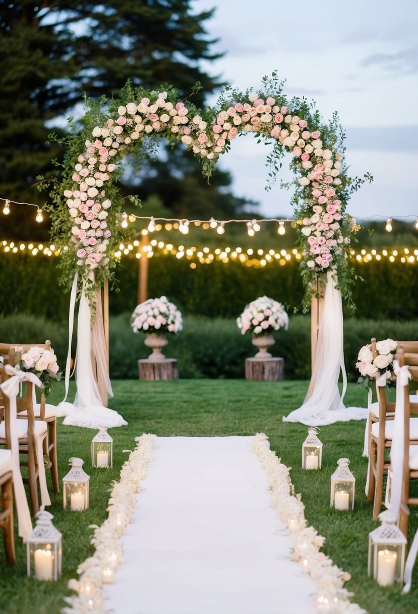 A romantic garden wedding with heart-shaped flower arrangements, twinkling fairy lights, and a beautiful arch adorned with roses and ribbons