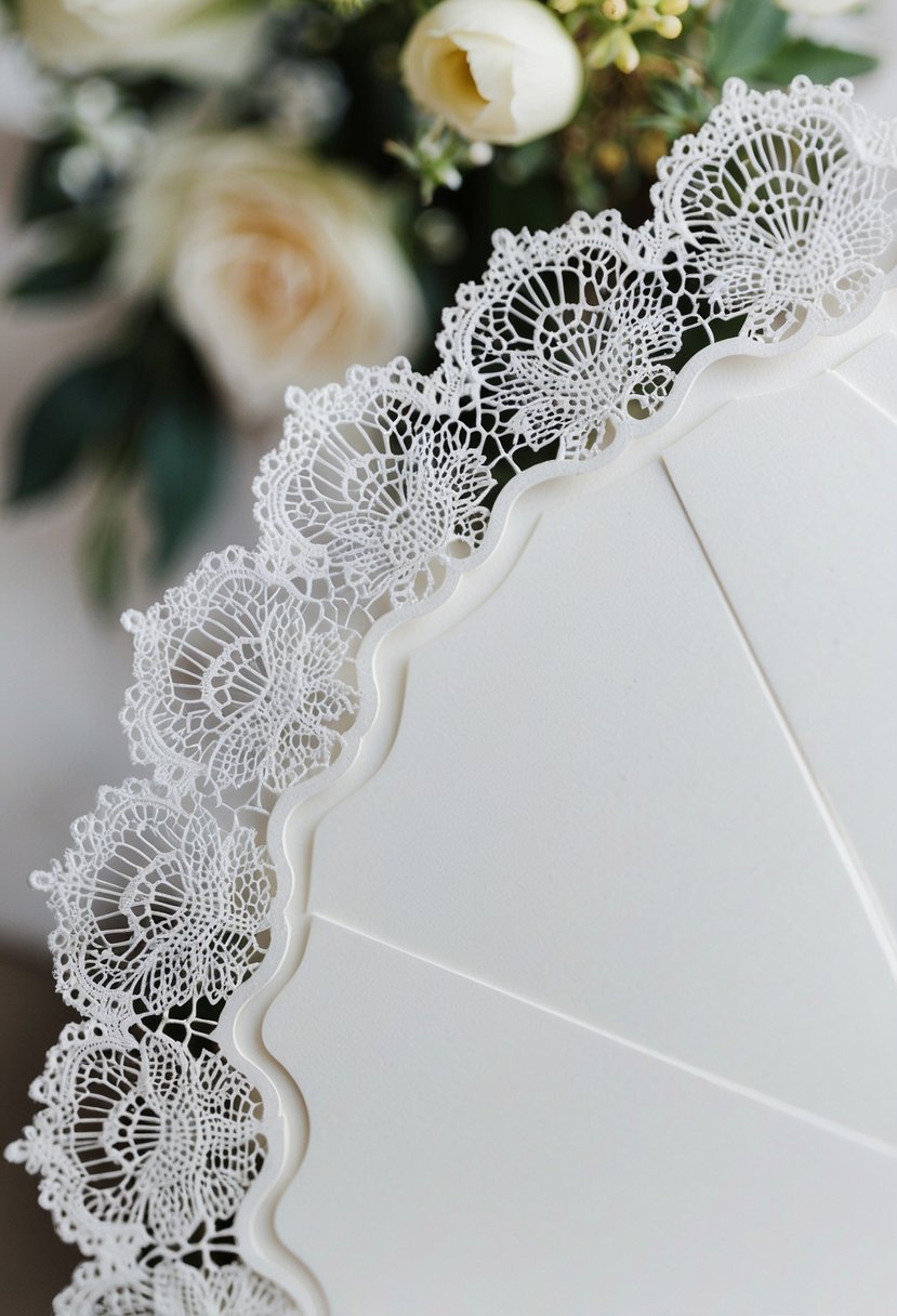 A delicate lace pattern adorns the edges of a pristine white wedding invitation, adding a touch of elegance and sophistication