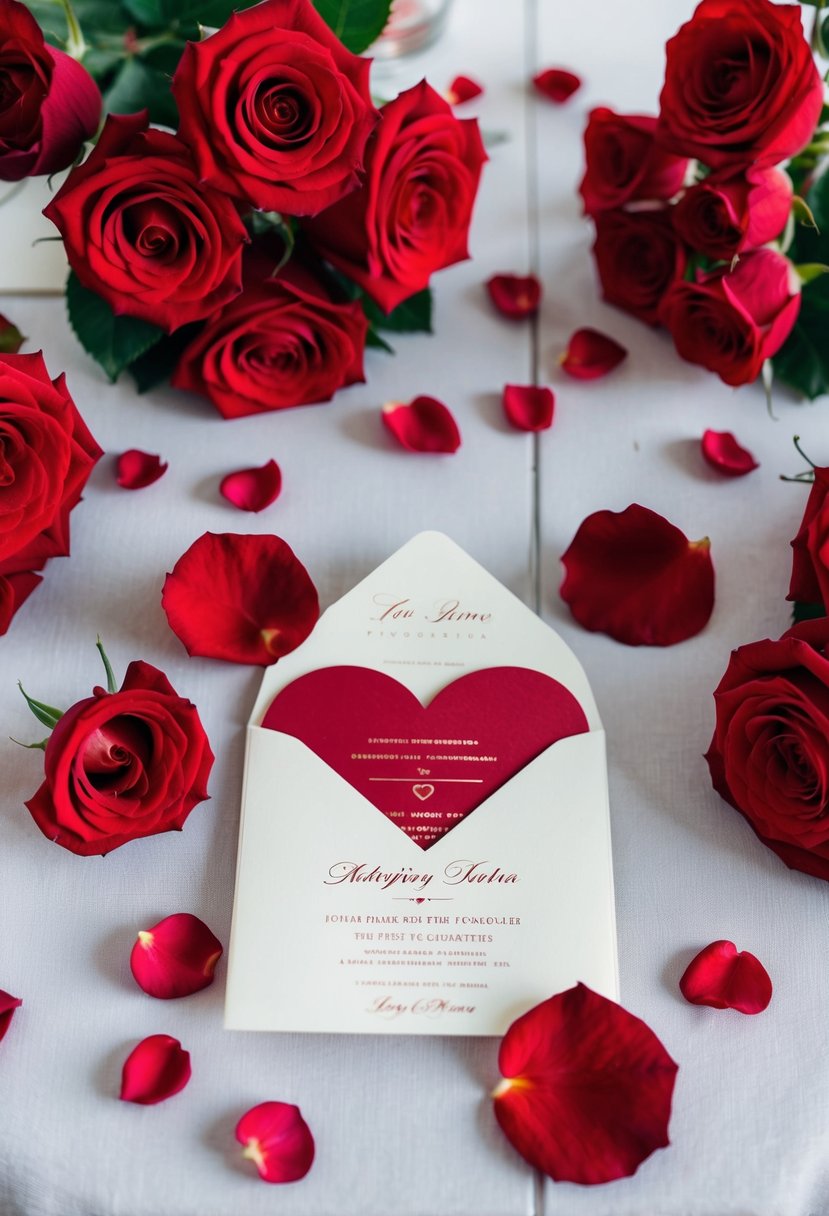 A table set with heart-shaped wedding invitations, surrounded by red roses and scattered with rose petals