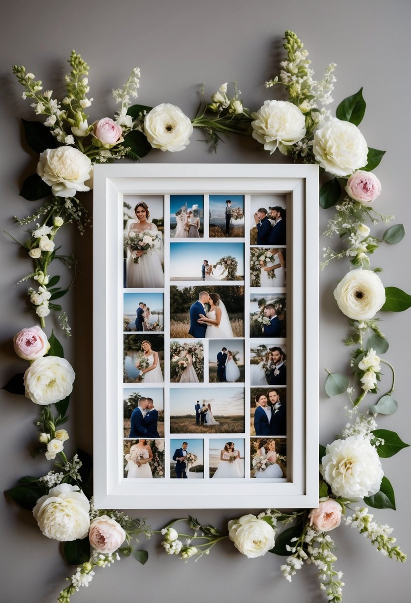 A collage frame filled with wedding photos, surrounded by delicate flowers and elegant decorations