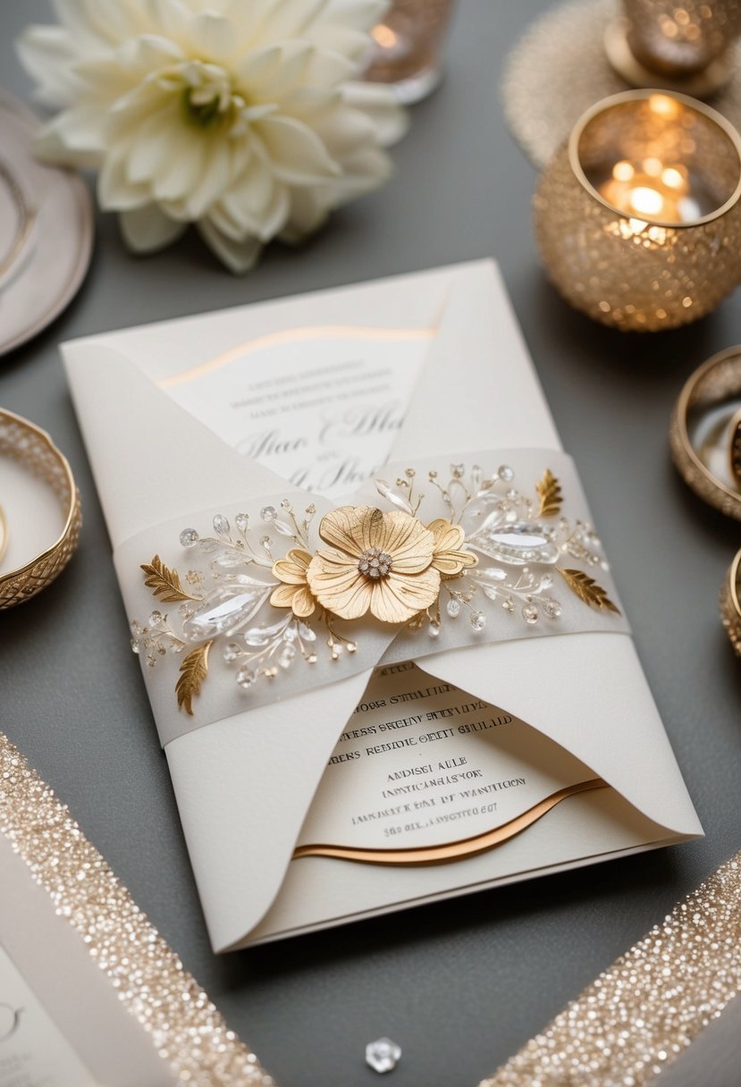 A pair of elegant wedding invitations wrapped in a delicate belly band adorned with intricate floral designs and shimmering gold accents