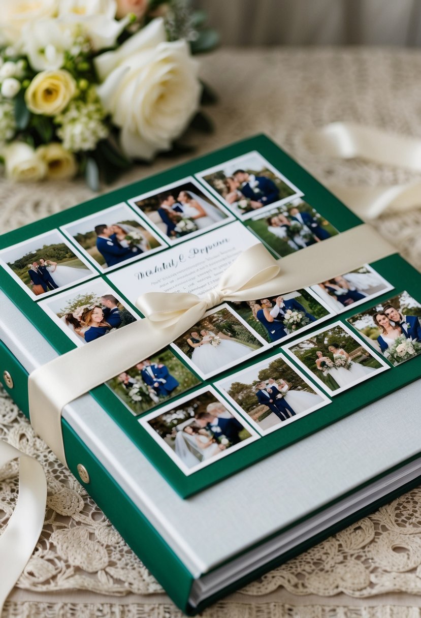 A personalized scrapbook filled with wedding photos, mementos, and heartfelt messages, beautifully wrapped with a satin ribbon